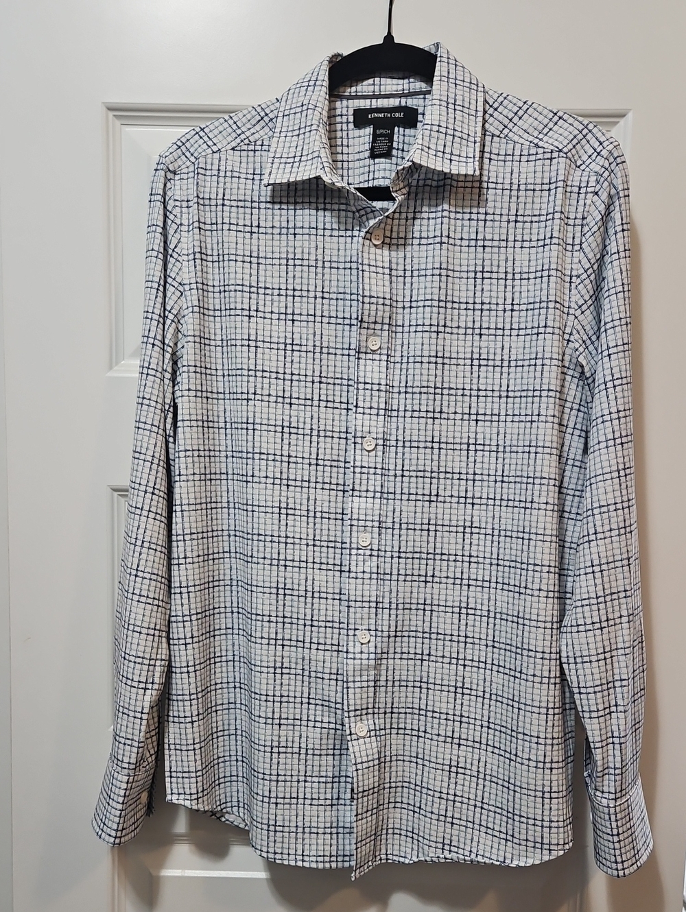 Kenneth Cole Long Sleeve White Shirt with Navy Windowpane Check